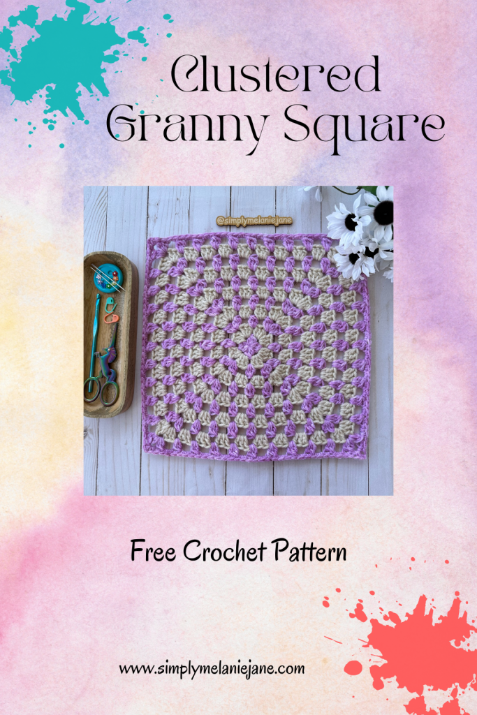 Pinterest pin of a purple and cream clustered granny square. 